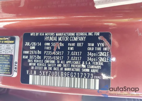 2014 Hyundai Santa Fe Sport 2.4L from USA, damaged, VIN 5XYZUDLB9EG217273